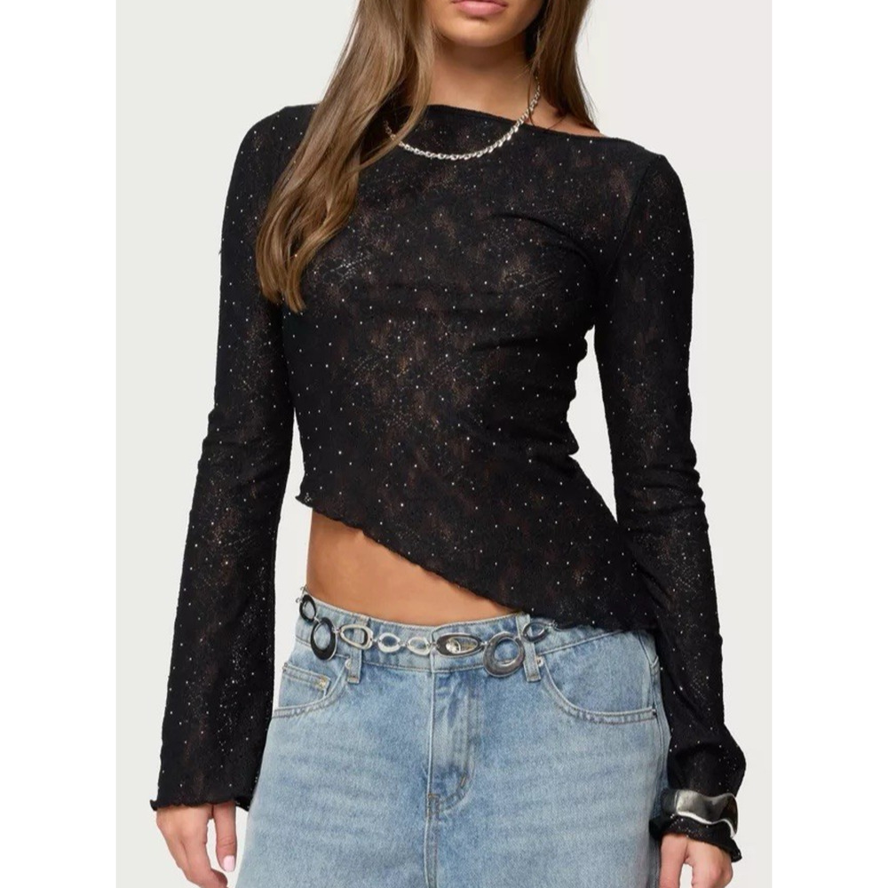 Edikted Sheer Lace Top Gem Embellished Black Whimsigoth Rave Festival Small NWT